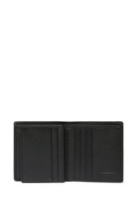 Zwarte lederen portemonnee, bi-fold ontwerp met meerdere kaarthouders. Gestructureerd oppervlak, minimale branding en compact formaat voor gemakkelijke opberging.
