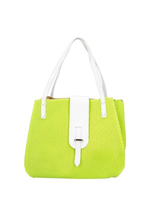 Borsa a rete gialla con dettagli in pelle sintetica bianca, caratterizzata da una forma strutturata, due manici e una cinghia di chiusura centrale.