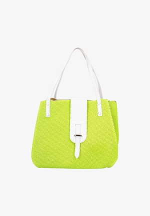 Sac fourre-tout en maille jaune avec des accents en cuir synthétique blanc, présentant une forme structurée, deux poignées et une sangle de fermeture centrale.