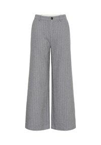 Gray striped wide-leg trousers with a button closure at the waist and two side pockets, designed for a modern, stylish look.