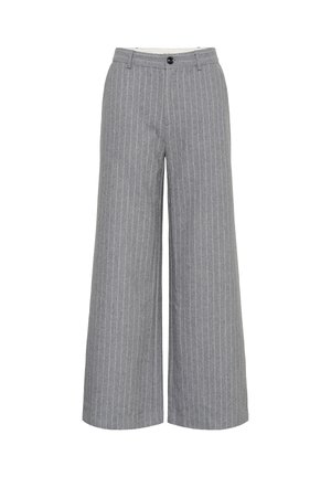 Gray striped wide-leg trousers with a button closure at the waist and two side pockets, designed for a modern, stylish look.