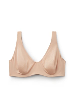 Beige, draadloze beha van zachte stof met soepele cups. Beschikt over brede banden en een naadloos ontwerp voor comfort en ondersteuning.