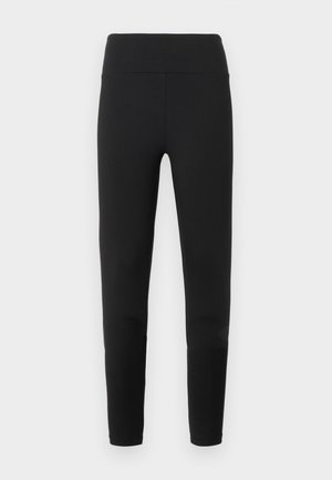 Leggings noirs avec une texture lisse, taille haute et coupe ajustée. Tissu extensible et polyvalent pour diverses activités.