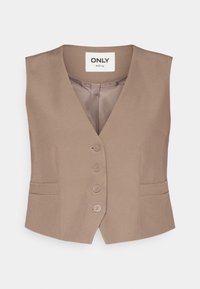 Beige ärmlös väst med V-ringning, fyra framknappar och sidofickor. Slät textur och skräddarsydd design. Varumärkesetikett synlig inuti.