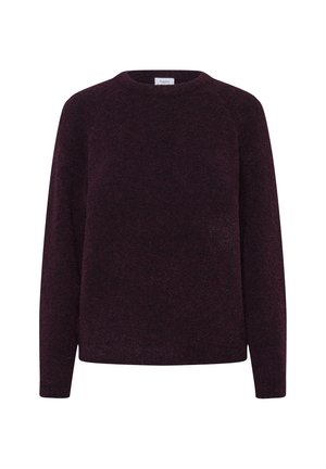 Burgundy pullover sweater made from soft, textured fabric. Features a round neckline and long sleeves with a relaxed fit.