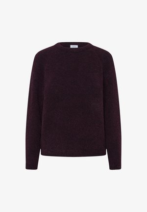 Burgundy pullover sweater made from soft, textured fabric. Features a round neckline and long sleeves with a relaxed fit.