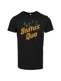 Sort bomulds T-shirt med et slidt gult "Status Quo" grafisk design med en bandsilhuet trykt på forsiden.