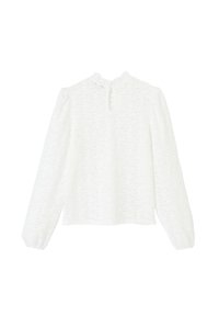 Blouse blanche à manches longues en tissu texturé, avec encolure ronde et une petite ouverture en forme de clé dans le dos. Design simple et épuré.