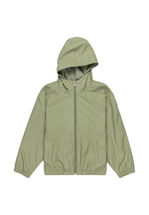 Veste à capuche vert clair en matériau lisse, dotée d'une fermeture éclair sur toute la longueur à l'avant, d'un ourlet élastique et de deux poches latérales.