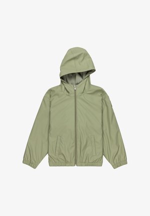 Hellgrüne Kapuzenjacke aus glattem Material, mit einem durchgehenden Reißverschluss vorne, elastischem Saum und zwei seitlichen Taschen.