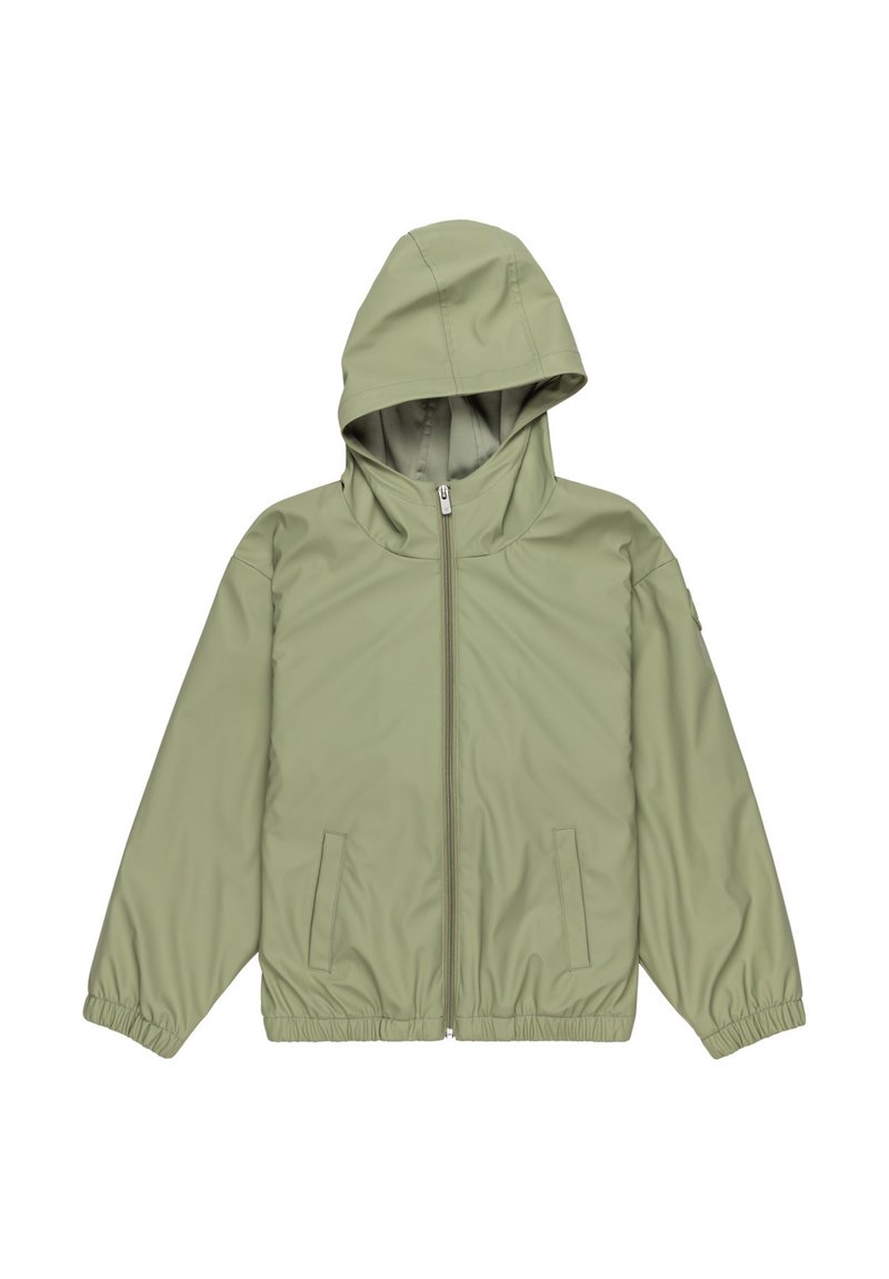 Vaaleanvihreä hupparitakki, joka on valmistettu sileästä materiaalista. Takissa on täysipitkä vetoketju edessä, joustava helma ja kaksi sivutaskua.