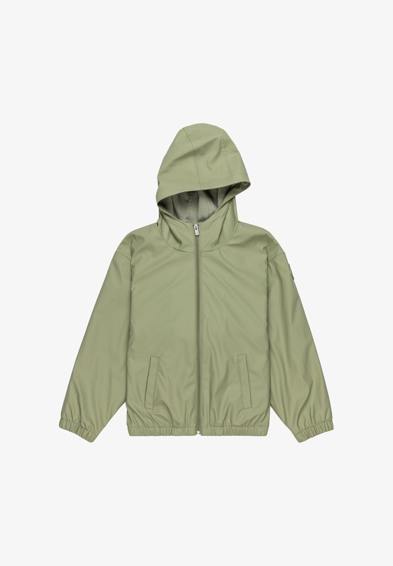 Chaqueta con capucha de color verde claro, fabricada con un material suave, que presenta un cierre frontal completo, dobladillo elástico y dos bolsillos laterales.