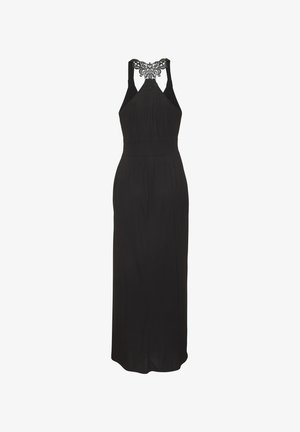 Schwarzes ärmelloses langes Kleid mit tailliertem Schnitt und Spitzen-Schmetterlingsmotiv am hohen Neckholderkragen.