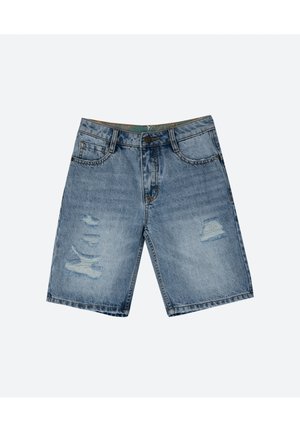 Lysblå denimshorts med flosset detalje og slidte lapper. Standard talje med metalknap og bælteløkker. Casual pasform.