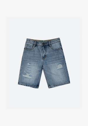 Lysblå denimshorts med flosset detalje og slidte lapper. Standard talje med metalknap og bælteløkker. Casual pasform.