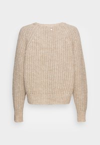 Beige chunky stickad tröja med långa ärmar och ribbade manschetter, nederkant och halsringning, visad bakifrån på en vit bakgrund.