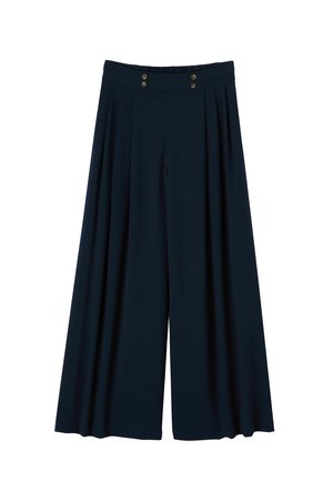 Pantalon large bleu marine avec plis, taille haute avec quatre boutons décoratifs, et détail élastique à l'arrière.