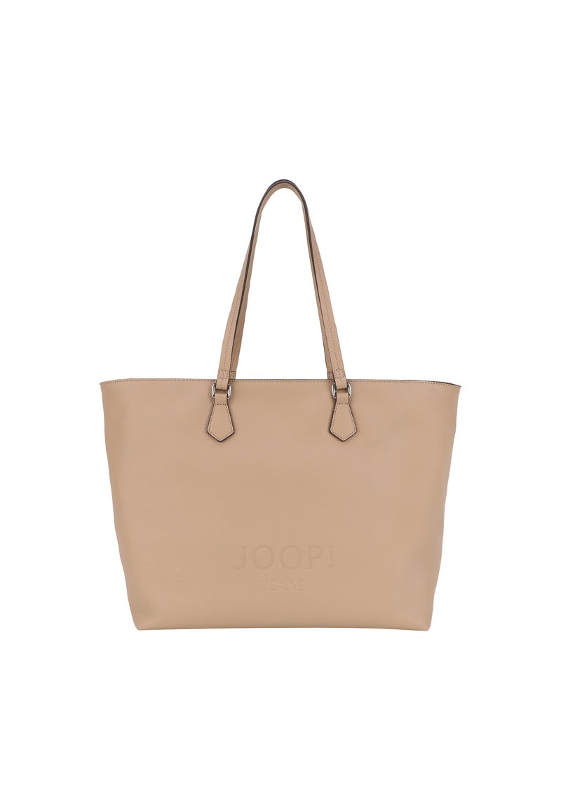 Borsa tote in pelle beige con due manici superiori, design minimalista e logo "JOOP! JEANS" in rilievo sulla parte anteriore. Texture liscia e senza motivi visibili.
