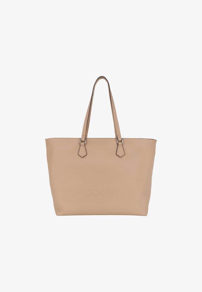 Beige kožená taška s dvěma horními uchy, minimalistický design a embosované logo "JOOP! JEANS" na přední straně. Hladký povrch a žádné viditelné vzory.