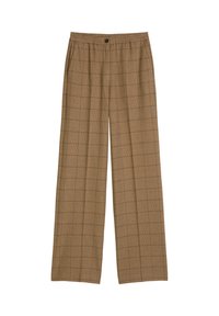 Karierte weite Hosen in Brauntönen, mit einem Kordelzugbund und einem einzelnen Knopfverschluss. Glatte Textur mit subtilm Rautenmuster.