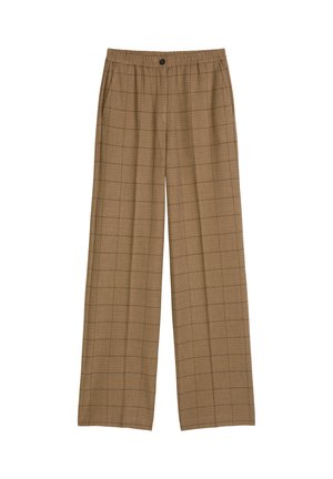 Plaid wide-leg trousers in brown tones, featuring a drawstring waist and a single button closure. Smooth texture with subtle grid pattern.