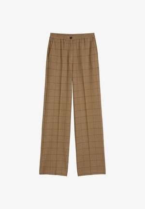 Rude bukser med vidde i brune nuancer, der har en drawstring talje og en enkelt knaplukning. Glat tekstur med et subtilt rutenetmønster.