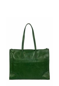 Sac en cuir vert foncé avec deux poignées, forme rectangulaire et détails de couture subtils sur les coins et le patch logo central.
