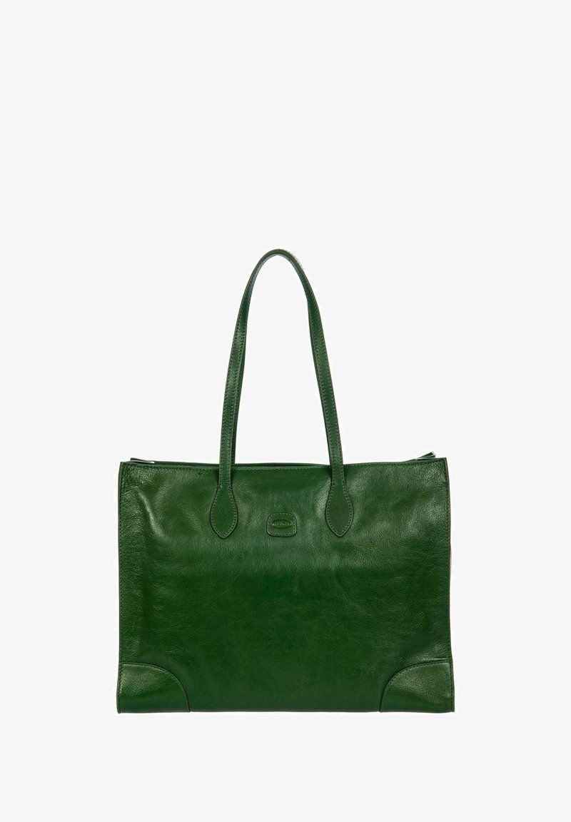 Sac en cuir vert foncé avec deux poignées, forme rectangulaire et détails de couture subtils sur les coins et le patch logo central.