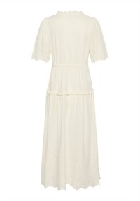 White cotton dress featuring short sleeves with eyelet embroidery, a fitted waist, and a ruffled hem with additional eyelet detailing.