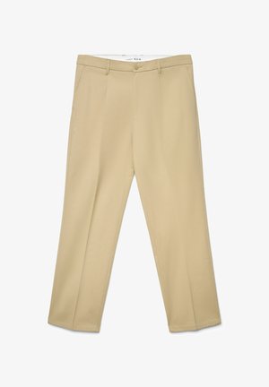 Pantaloni beige chiaro con design a gamba dritta, due tasche frontali e una chiusura con un singolo bottone per un look pulito e classico.