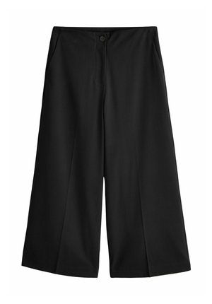 Black wide-leg pants featuring a button closure, side pockets, and a smooth texture. The design is minimalist with a straight cut.