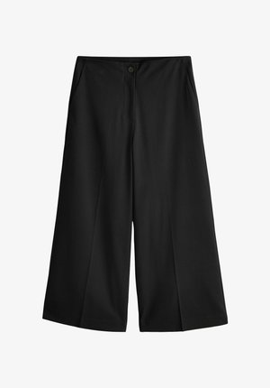 Sorte vidde-bukser med knaplukning, sidelommer og en glat tekstur. Designet er minimalistisk med en lige pasform.