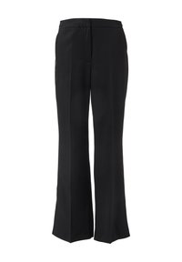 Zwarte wijde broek met een gladde textuur, rechte snit en een platte tailleband. Bevat twee zijzakken en heeft een nette uitstraling.
