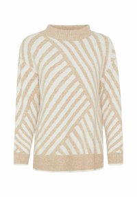 Beige und cremefarbener gestreifter Pullover mit hohem Kragen, der diagonale Muster und ein weiches, strukturiertes Strickmuster aufweist. Lange Ärmel und lässige Passform.