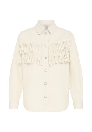 Camicia a maniche lunghe color avorio chiaro con bottoni, colletto e dettaglio di frange orizzontali sul petto e sulla parte superiore delle braccia.