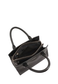 Sac à main en cuir noir avec doubles poignées supérieures, fermeture zippée et poches intérieures. Design élégant avec fermeture éclair et doublure dorées.
