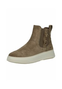 Stivaletto in suede marrone con suola bianca, pannello elastico laterale e decorazioni tra cui un design floreale e piccoli gemmi.