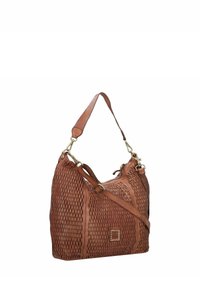 Borsa a tracolla in pelle marrone caratterizzata da un design a rete testurizzata, tracolla regolabile e accenti in metallo dorato.