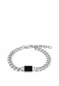 Bracciale in argento con un accento rettangolare nero. Caratterizzato da anelli intrecciati e una chiusura sicura. Lunghezza regolabile con estensione della catena.