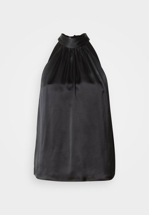 Sort satin halterneck top med samlet stof ved halsudskæringen og et glat, flydende design. Lige kant uden synlige mønstre eller accenter.