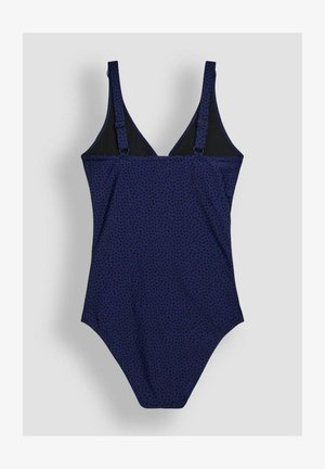 Einteiliger Badeanzug in Dunkelblau mit gepunktetem Muster, verstellbaren Trägern und einem tief ausgeschnittenen Rücken, gefertigt aus glattem, elastischem Stoff.