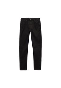Jeans de mezclilla negra con corte ajustado, que presentan pasadores para cinturón, cierre de botón en la parte delantera y un diseño de cinco bolsillos. Textura suave con costuras mínimas.