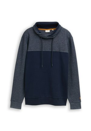 Donkerblauwe sweatshirt met een gebogen kraag, trekkoorden en een tweekleurig ontwerp met een lichter blauw paneel op de bovenborst.