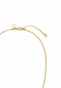 Gouden metalen ketting met een gladde ronde sluiting, voorzien van een dunne serpentine ketting en een klein bijgevoegd label voor merkidentificatie.