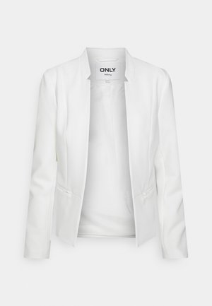 Valkoinen räätälöity bleiser terävillä kauluskäänteillä, pitkät hihat ja kaksi pientä etutaskua, joissa merkintä "ONLY".