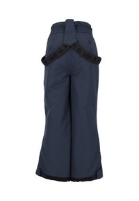 Pantalons imperméables navy avec une coupe à jambes larges, taille élastique et bretelles noires réglables. Comprend des poignets de cheville avec Velcro.