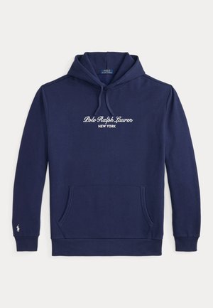Navy blue hoodie with front pocket, drawstring hood, "Polo Ralph Lauren New York" text on chest, and small white logo on left sleeve cuff.