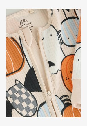 Krémová kojenecká kombinéza s potiskem kreslených zvířátek v oranžové, modré a černé barvě. Hladká struktura se zipem vzadu.