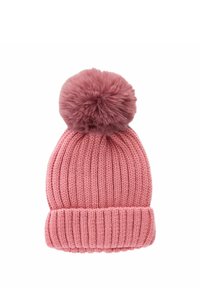 Strickmütze in Pink mit dickem Rippenmuster, ausgestattet mit einem flauschigen Pompon an der Oberseite und einem umgeschlagenen Saum für zusätzliche Wärme.