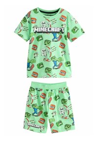 Groene Minecraft-thema pyjama's met een korte mouwen top en shorts, versierd met verschillende karakterafbeeldingen en TNT-blokken.